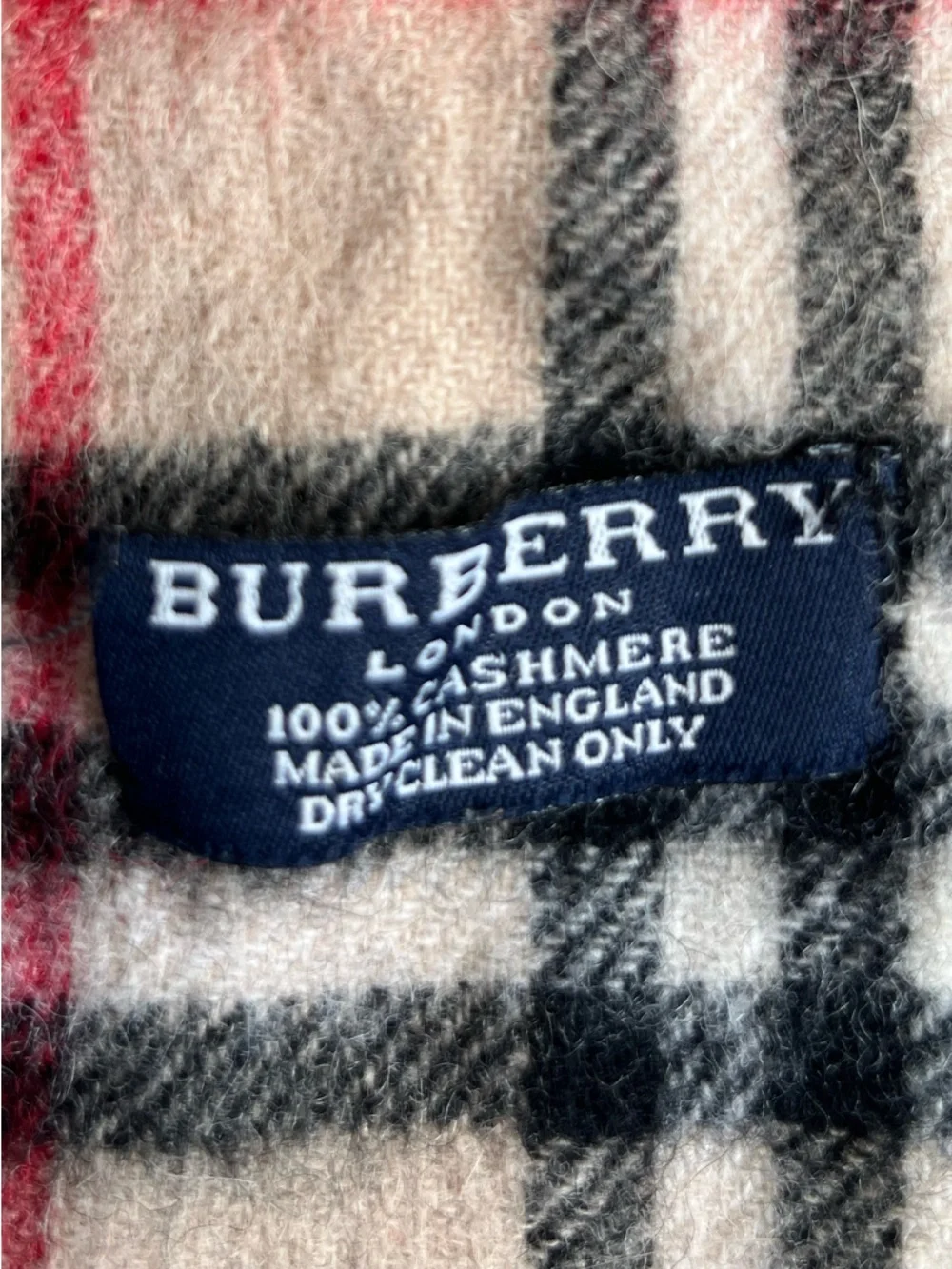 Burberry Beige Check Cashmere Scarf with Black and Red Accents